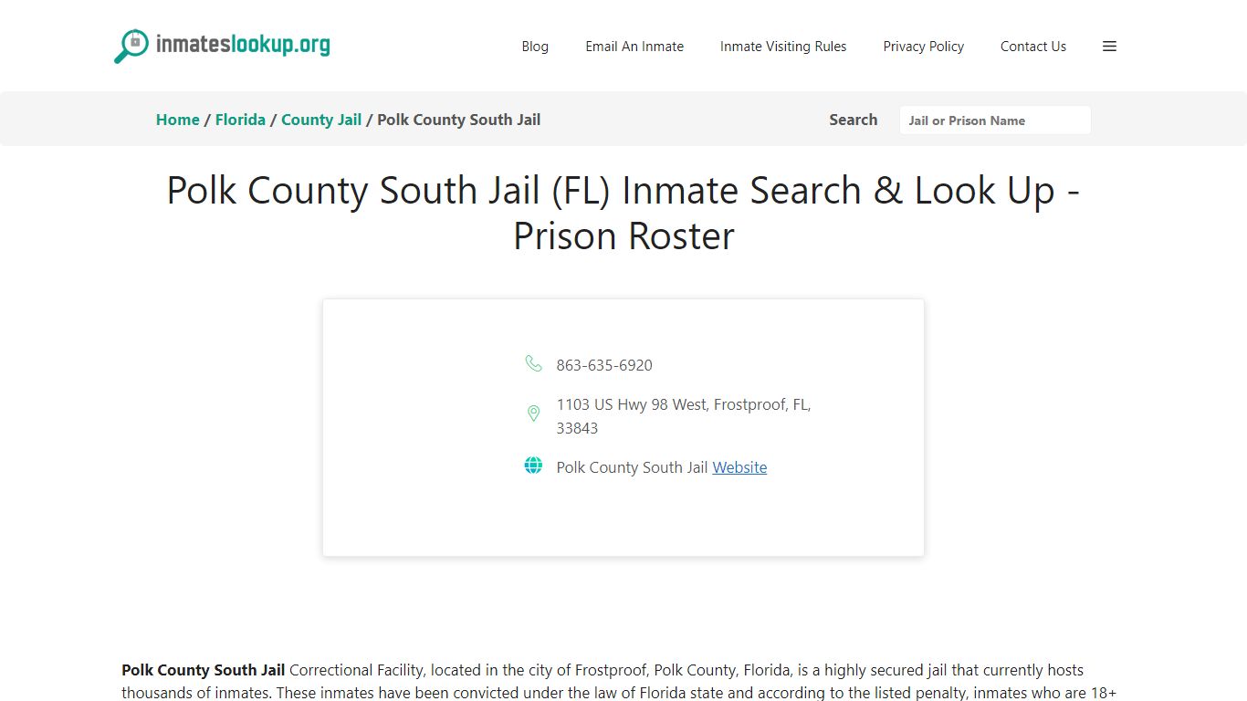 Polk County South Jail (FL) Inmate Search & Look Up - Prison Roster